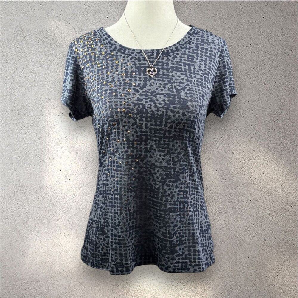 CHAUS Rhinestone Burnout Short Sleeve Tee Women's S Gray Lightweight Y2K McBling